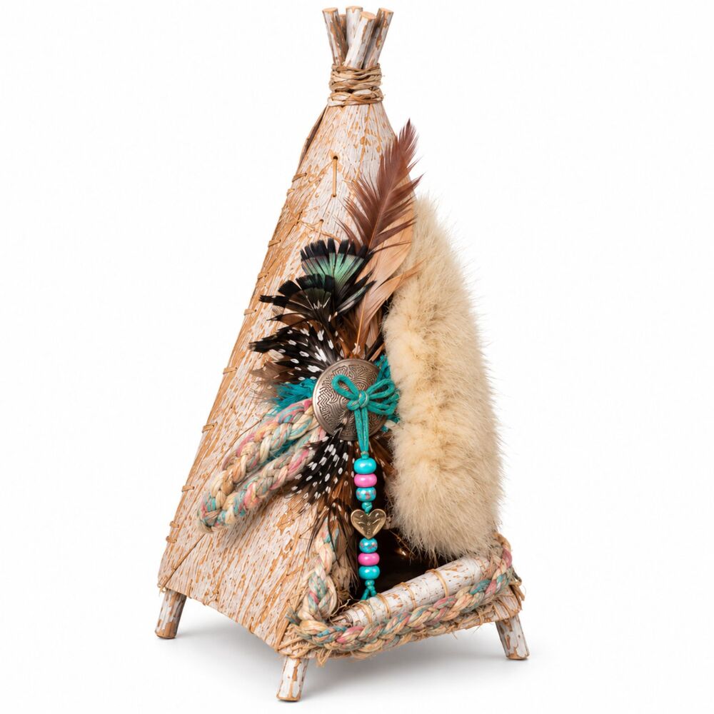 Native People Decorative Teepee 12.5” – Feathers, Beads & Rustic Decor